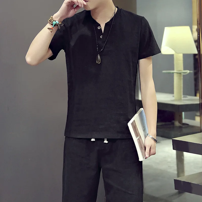 Летний Новый льняной костюм с футболкой и шортами коротким рукавом для молодых