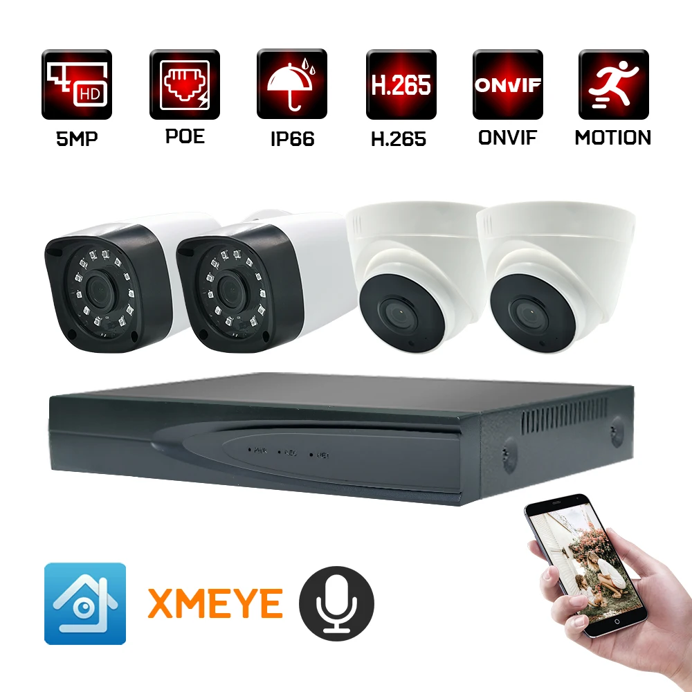 4ch 5mp poe аудио ip камера система наружного/внутреннего h.265 cctv камеры