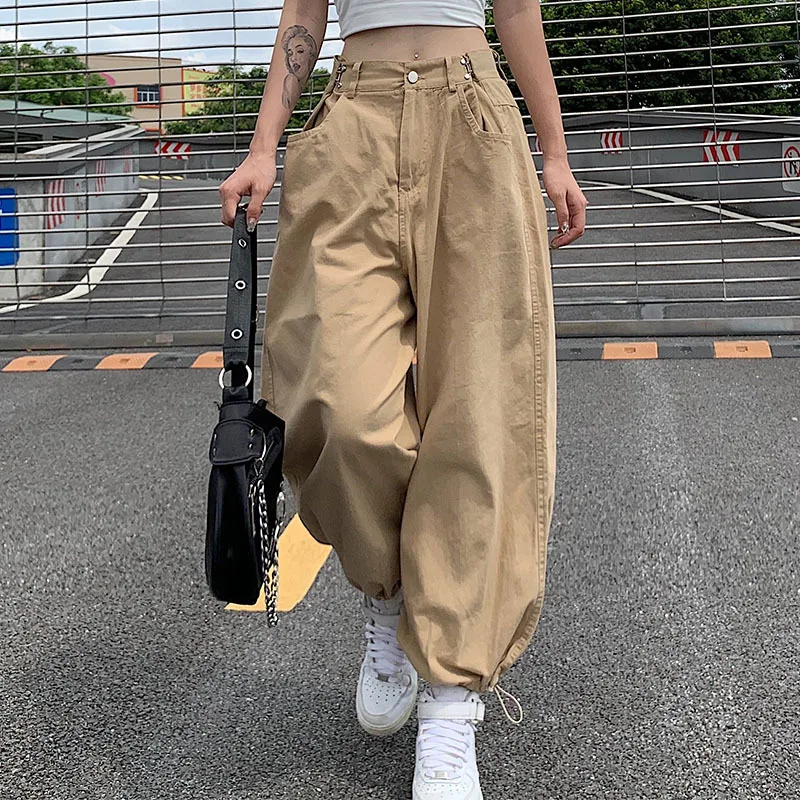 

Vintage Goth Oversized Cargo Pants Streetwear 90s Adjustable High Waist Khaki Long Pants Women Y2K Fashion Hip Hop Loose Trouser