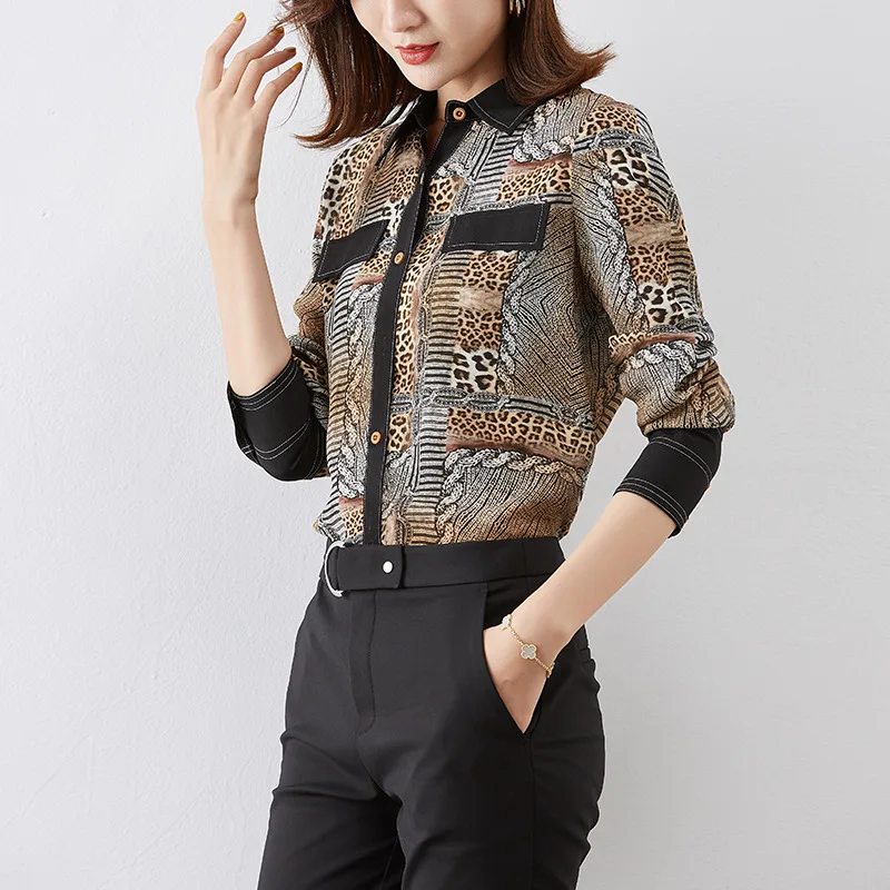 Женская рубашка с леопардовым принтом Повседневная блузка из натурального шелка