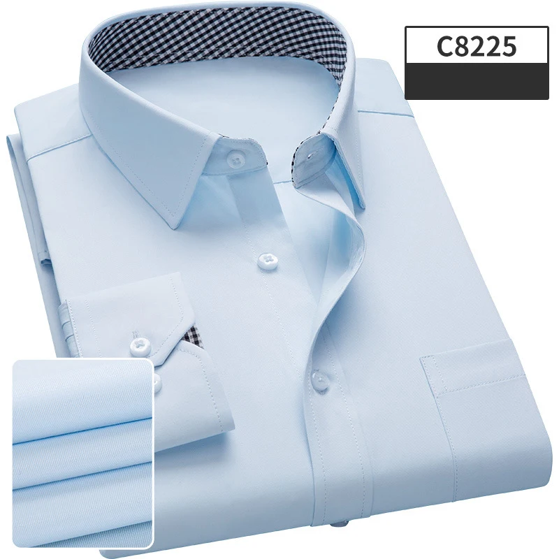 Рубашка мужская с длинным рукавом повседневная сорочка Slim Fit однотонная дышащая