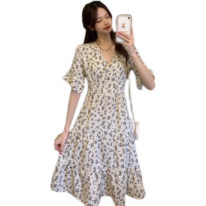 

Tea Break French Dress Women's Summer Mid-Length Waist Slimming A- line Dress First Love Small Super Fairy Chiffon Skirt