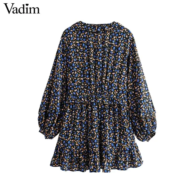 Vadim женское цветочный ретро-Рисунок Мини платье с v-образным вырезом на молнии сбоку с длинным рукавом Женские Плиссированные повседневные стильные платья QC759