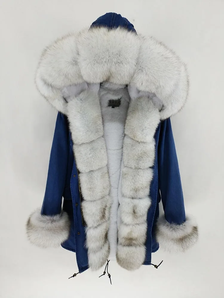 blue fox fur 8 S-7XL, новая зимняя куртка, Женское пальто из натурального меха, длинная парка с воротником из натурального Лисьего меха, верхняя одежда с отстегивающимся мехом - Цвет: blue fox fur 8