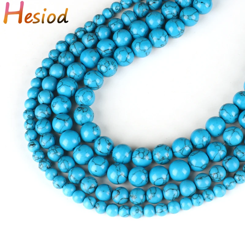 

Hesiod Smooth Natural Stone Beads Blue Turquoises Round Loose Beads 15" Strand 4 6 8 10 12 14MM Pick Size For Jewelry Making