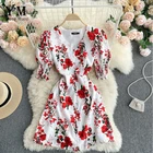 YuooMuoo летнее платье, французское романтическое белое шифоновое платье с красным цветочным принтом, Элегантное однобортное платье-рубашка с пышными рукавами
