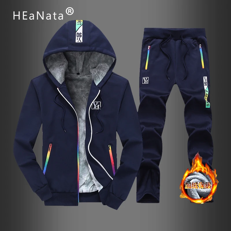 Зимнее теплое пальто из плотного флиса Мужские штаны Модный комплект двух