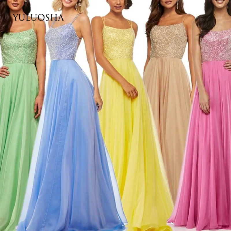 

YULUOSHA Sexy Boat Neck Backless Sleeveless Sequin Evening Party Prom Formal Gowns Long Slim Dress Vestido Robe Ceremonie Femme