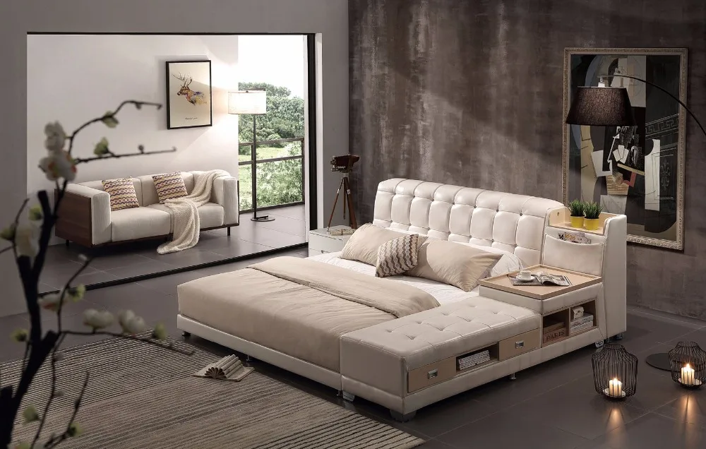 

real Genuine leather bed frame Modern Soft Beds with storage Home Bedroom Furniture cama muebles de dormitorio / camas quarto