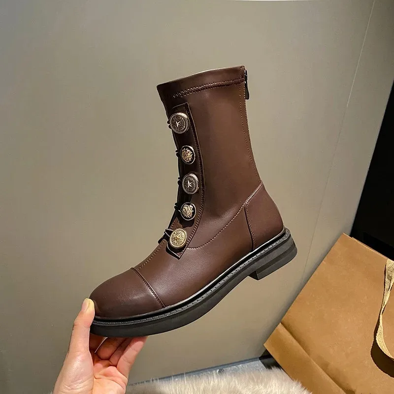

Spring Fall New Guneine Leather Metal Personality Button Women Ankle Boots Zip Thick Bottom Elasticity Casual Ladies Shoes Black