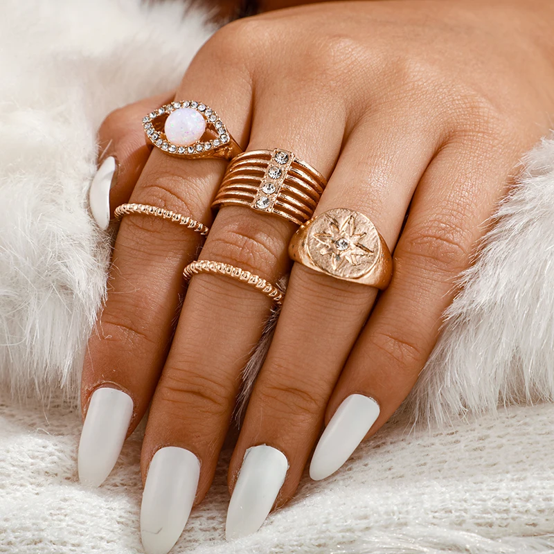 

Docona Fashion Crystal Sun Pearl Rings Set for Women Gold Color Geometric Heart Knuckle Finger Rings Female 2020 Jewelry Anillos