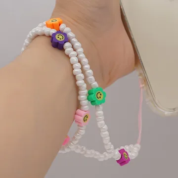 

Fashion Simple Style Smiley Face Mixed Color Flower Mobile Phone Lanyard White Glass Rice Beads Women's Telephone Chain Jewelry