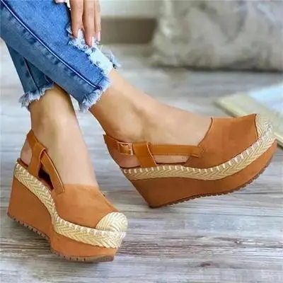 

Ladies' straw heel slope sandals sandals Roman middle heel Baotou buckle large size women's shoes