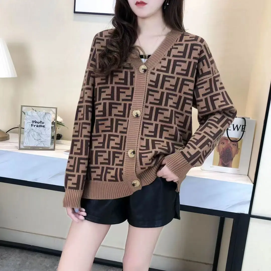 

Spring new double F letter V-Neck long sleeve top student coat women's Korean loose retro Pullover knitted cardigan
