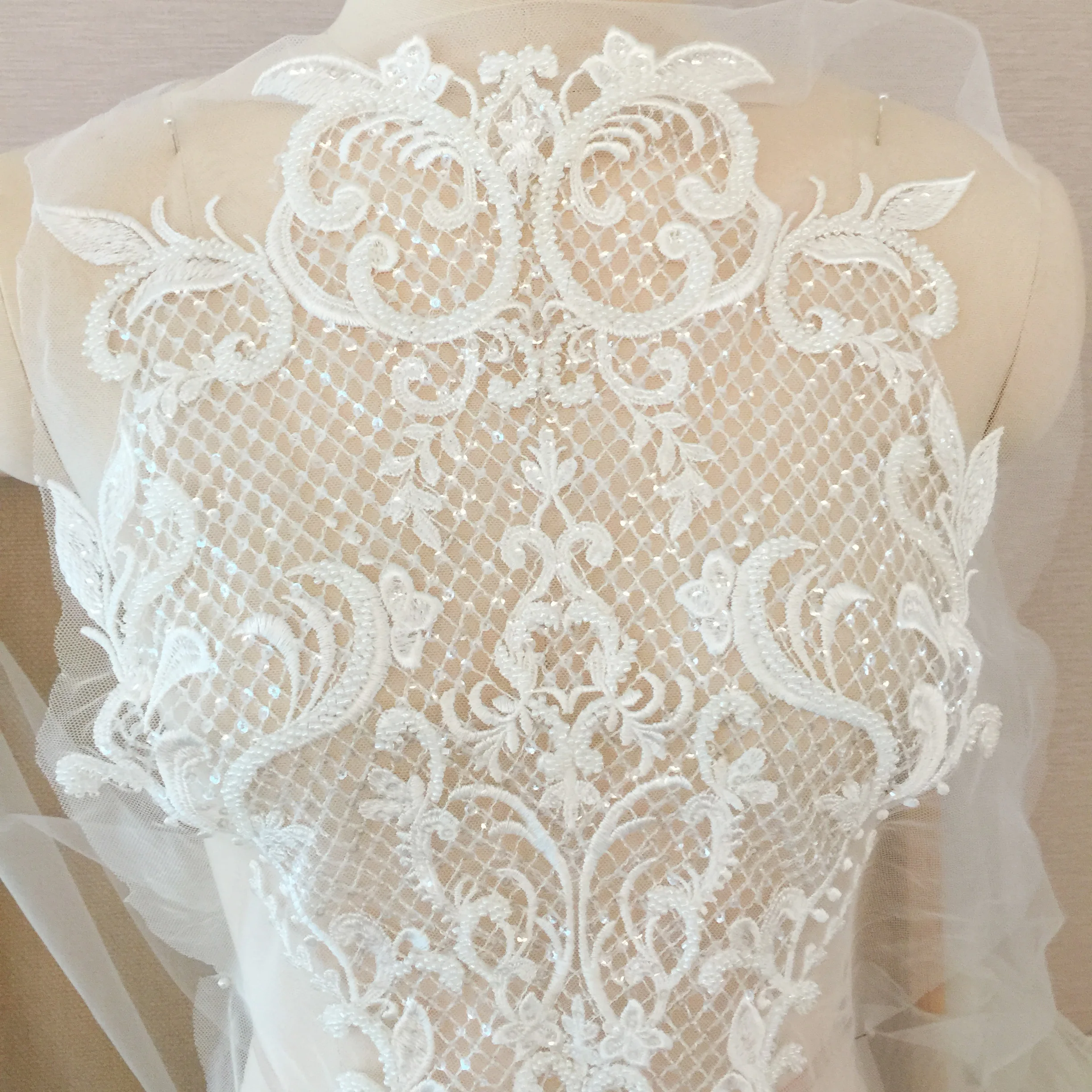 

1 Piece Large 3D Tiny Pearl Beaded Bridal Bodice Lace Applique , Beading Wedding Accessories in Ivory