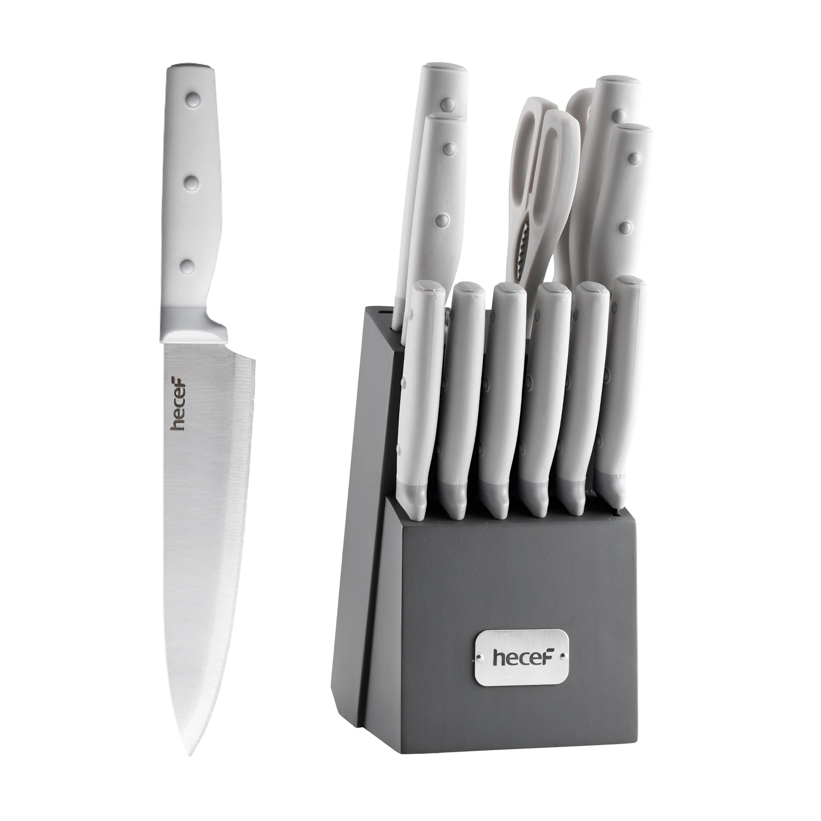 

Набор ножей Hecef из 14 предметов, с деревянным блоком, точилка, стальные и универсальные ножницы, серый