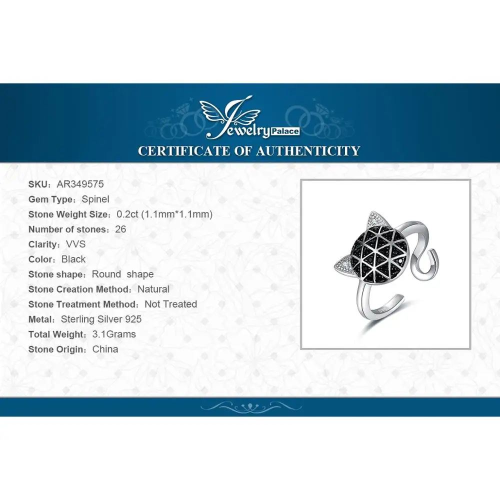 

JewelryPalace Genuine Black Spinel Cubic Zirconia Cat Face Adjustable Open Ring 925 Sterling Silver