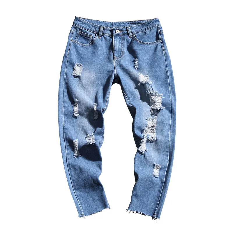 Hole jeans men 2019 spring tide brand Japanese large size male hairy light blue straight nine pants more M-5XL | Мужская одежда