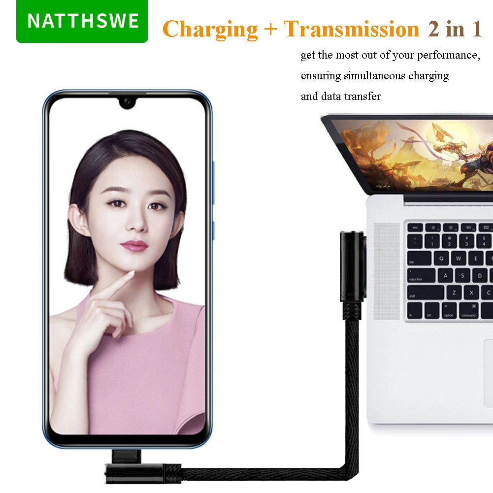NATTHSWE 90 Degree Double Elbow Micro USB Data Cable Nylon Braided Fast Charging Line for Android Phone Short Paragraph