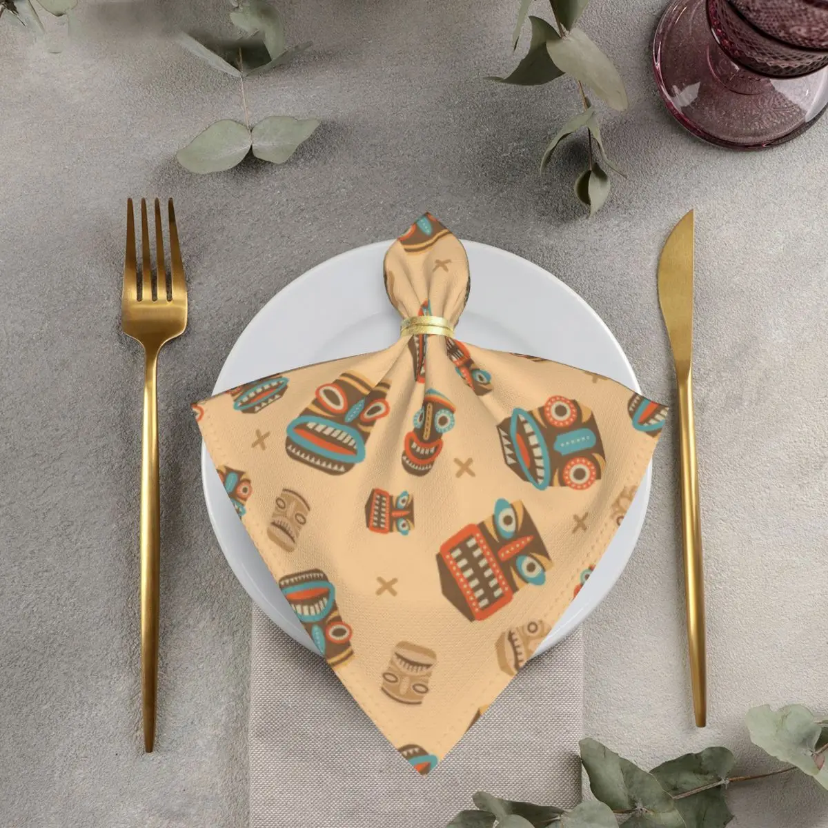 

4pcs/6pcs Polyester 50cm Square Table Cloth Napkins Tiki Masks Decoration Napkin for Wedding Birthday Holiday Housewarming