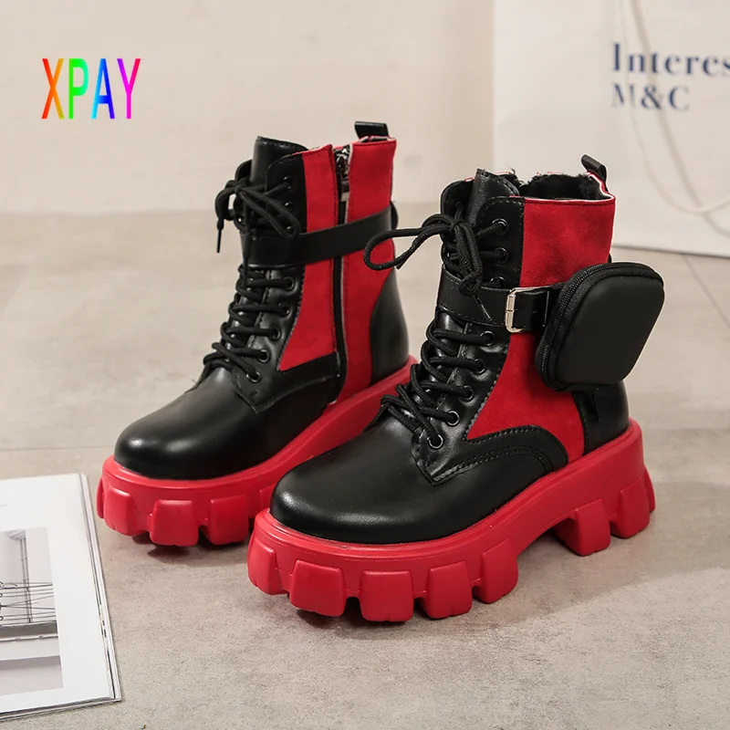 

Boots Woman Winter 2022 New Women's Black Martin Boots High Quality Leather Platform Pocket Shoes Comfortable Red Botas De Mujer
