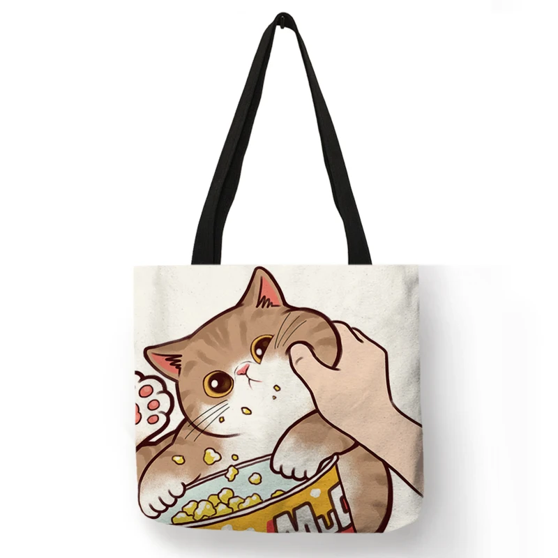 

Cat print shopping bag, cute and fun handbag for outdoor activities and beach, eco linen