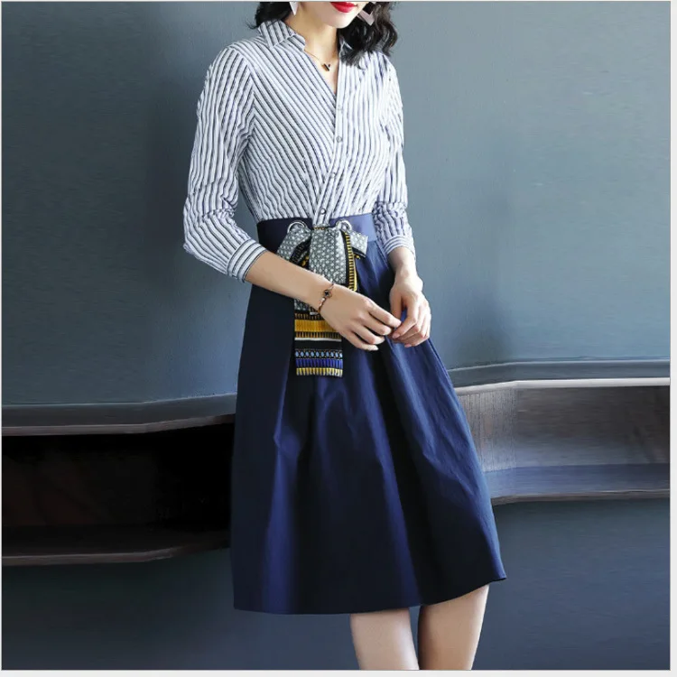 Женское платье рубашка в полоску повседневное ТРАПЕЦИЕВИДНОЕ ПЛАТЬЕ С V образным