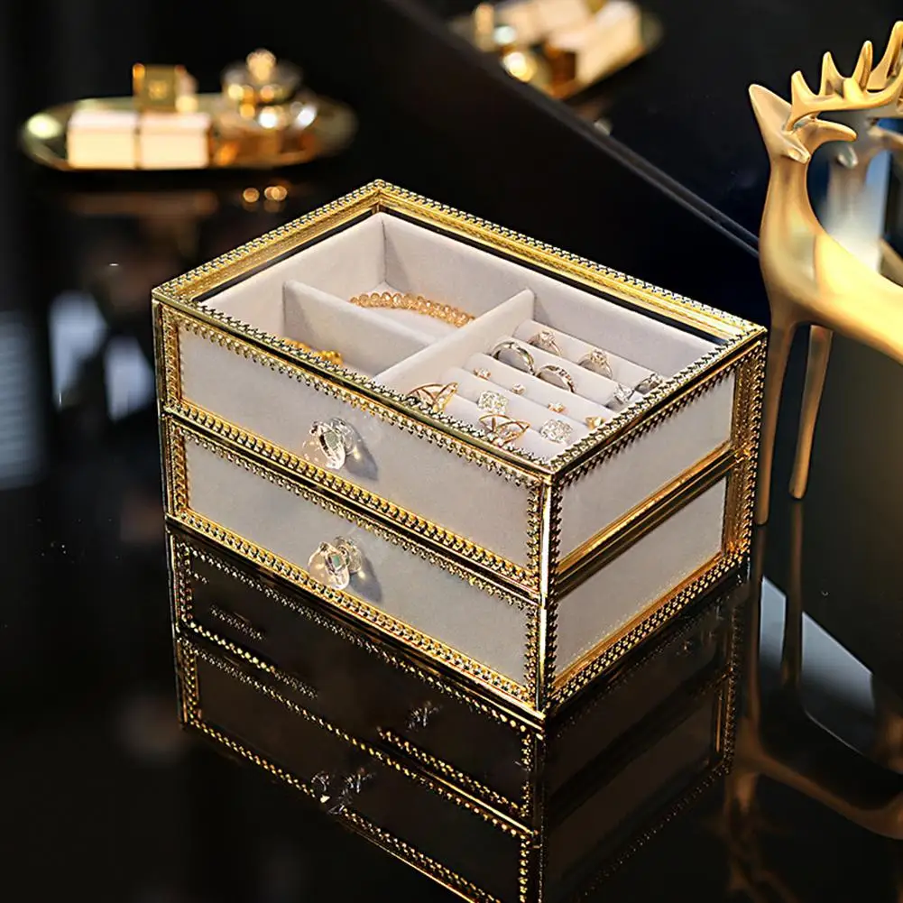 

2 Layer Clear Glass Jewelry Box Removable Velvet Drawer Tray Vintage Metal Brass Lace Edged Jewellery Display Dust-Proof Box