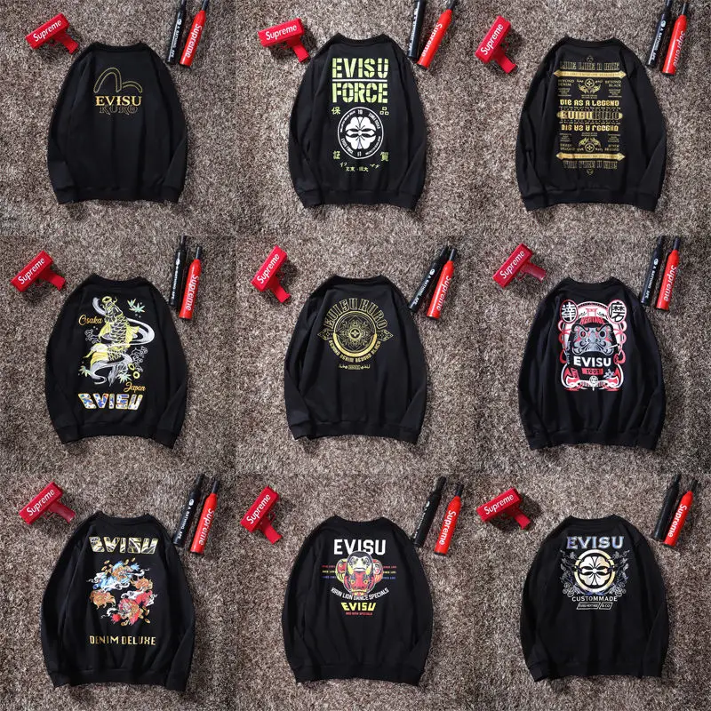 Evisu осенне-зимний мужской свитер с круглым вырезом, теплый дышащий Модный хлопковый свитер с принтом и длинными рукавами для мужчин и женщин, одежда для влюбленных