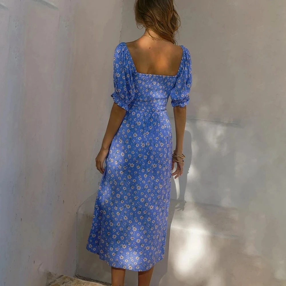 

Ladies Vintage Summer Dress Women Backless Puff Sleeve Midi Floral Print Party Blue Sundress Women Beach Dress Female Vestidos