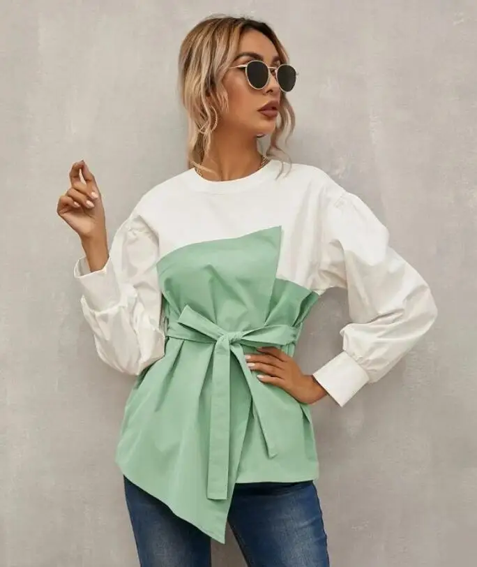 

Long Shirt Women Autumn Solid Color Irregular Stitching Pullover Blouse 2021 Casual With Long Sleeves For Women Blusas Tops w463