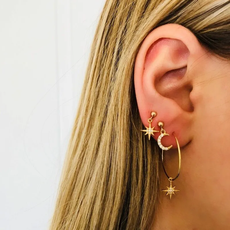 

New Trendy Women Big Circle Hoop Earring Cute Crystal Star Moon Drop Earrings Brincos For Lady Girl Party Jewelry