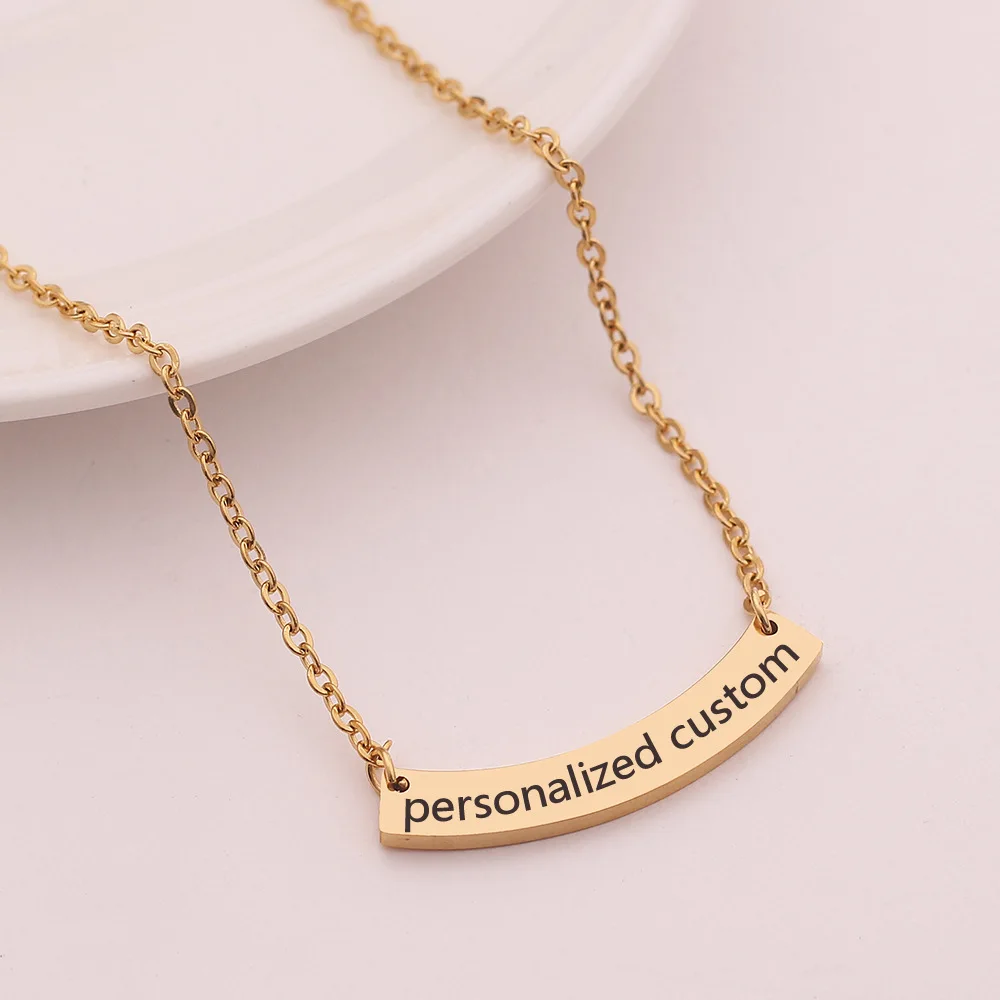 

Custom Name Curved Bar Necklace Couple Commemorative Gifts Engraved Letters Geometric Stainless Steel Minimalist Jewelry