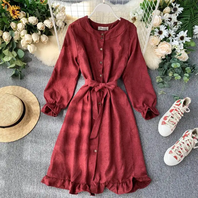 

Women's Spring Autumn Dress French Single-breasted Lace-up Waist Ruffle Dress New Solid Color Slimming Female Dresses LL344