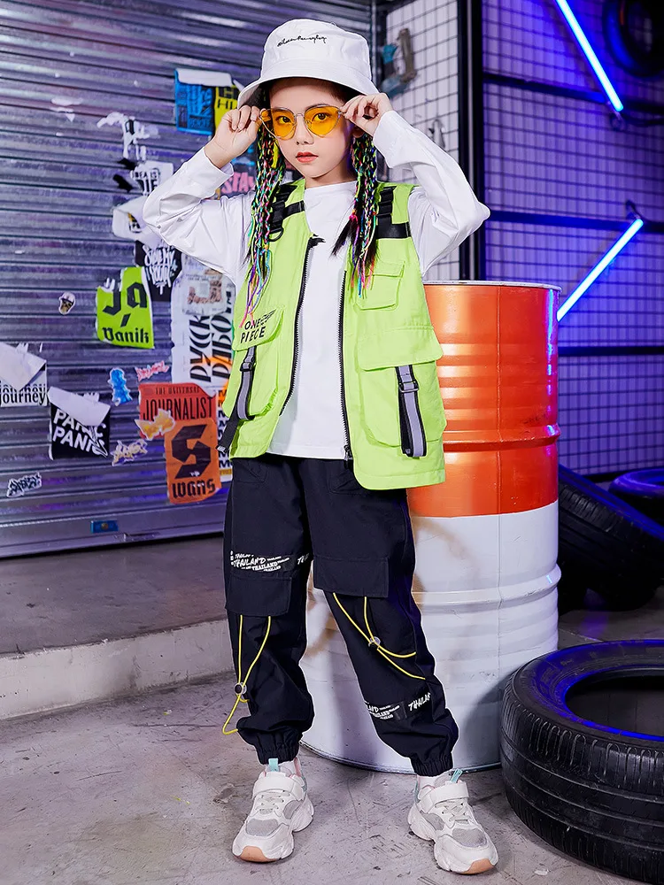 

Kid Cool Hip Hop Clothing Sleeveless Jacket Top Vest Streetwear Tactical Cargo Pants for Girls Boys Jazz Dance Costume Clothes