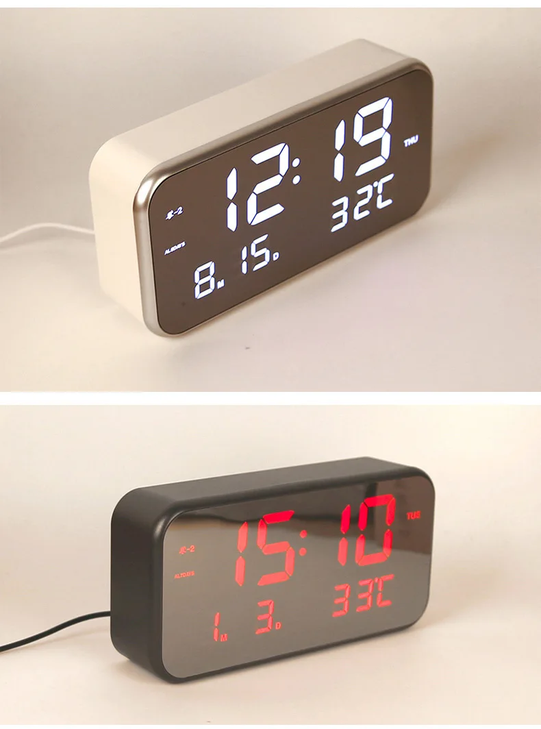 

Mirror Alarm Clock LED Digital Clock 3 Groups of Alarm Voice Control Snooze Time Temperature Display