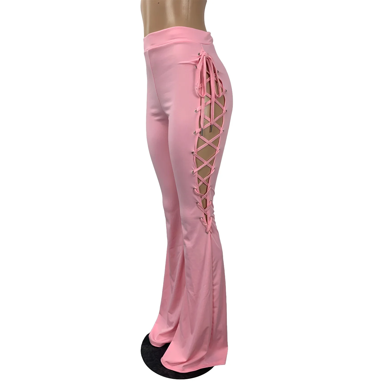 

Echoine High Waist Flare Pants Women Side Hollow Out Lace Up Trousers Wide Leg Skinny Leggings Pink Black Streetwear Outfits New