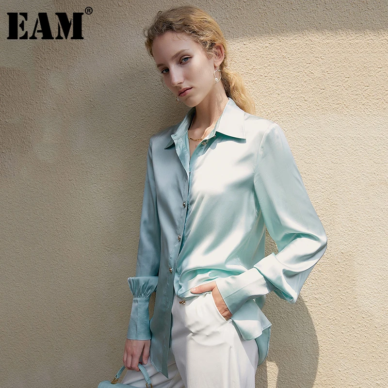 

[EAM] Women Green Vintage Temperament Blouse New Lapel Long Sleeve Loose Fit Shirt Fashion Tide Spring Autumn 2021 1DD80490