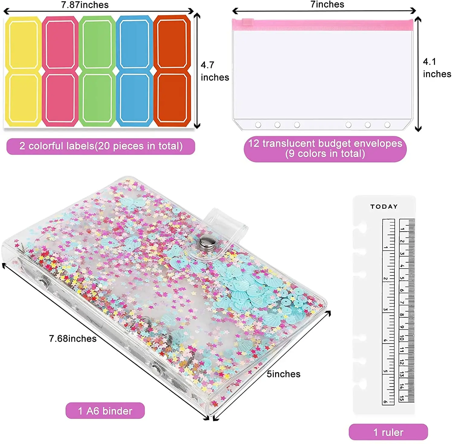 

33Pieces A6 Waterproof PVC Budget Binder Cover 12 Clear Zipper Pockets Cash Envelopes Wallet for Planner Organizer