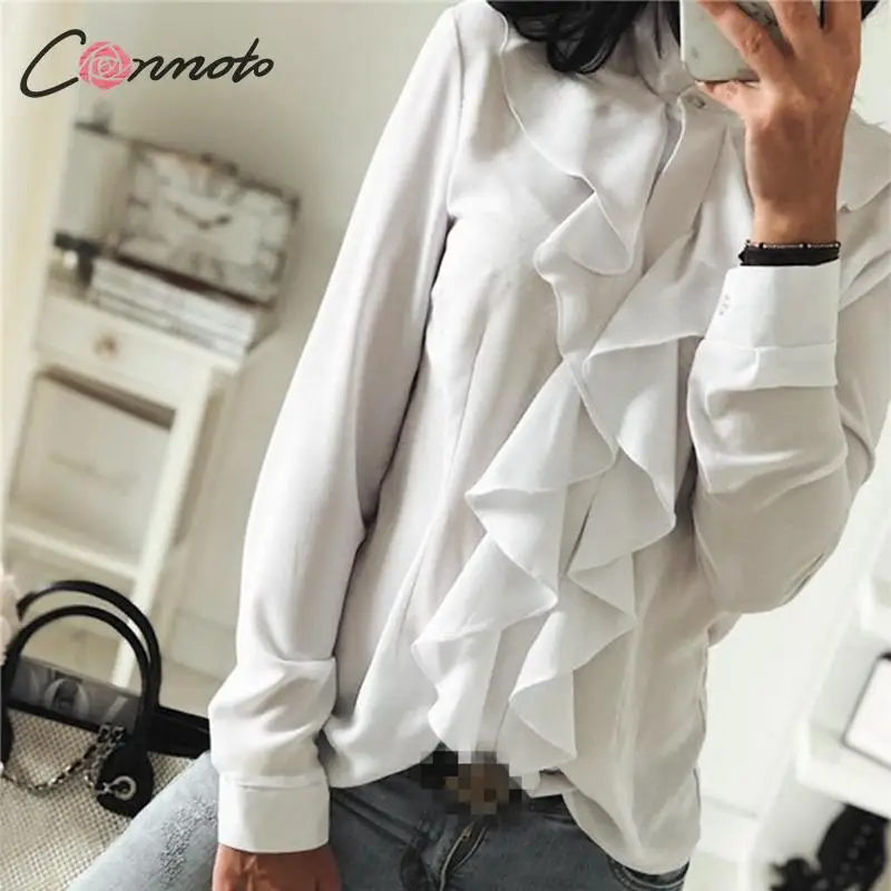 Элегантная винтажная женская блуза с оборками Conmoto белая шифоновая блузка для
