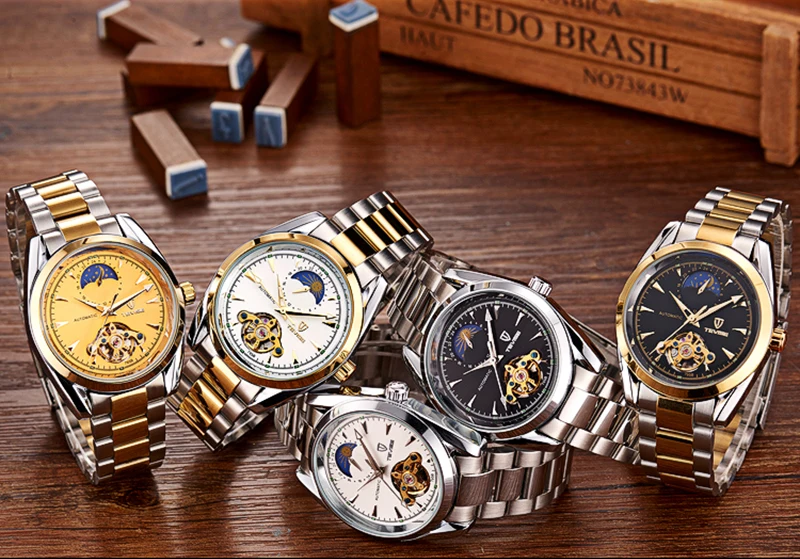 TEVISE Мужские механические часы Moon Phase автоматические из нержавеющей стали мужские