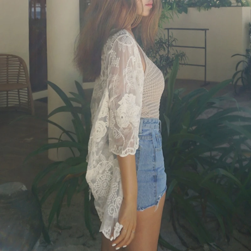 

Women's Summer Casual See Through Lace Open Front Beach Kimono Cover Up
