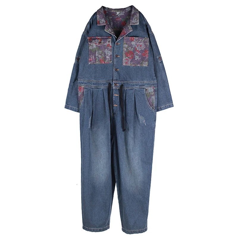 Women European Overalls Blazer style Long Sleeve Cowboy Jumpsuit Streetwear Baggy Wide Leg Jean Overall Original Denim Rompers