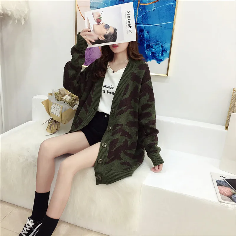 Woherb Harajuku свитер с леопардовой раскраской Женский Повседневный Свободный кардиган осень негабаритный вязаный кардиган джемпер Pull Femme 22979