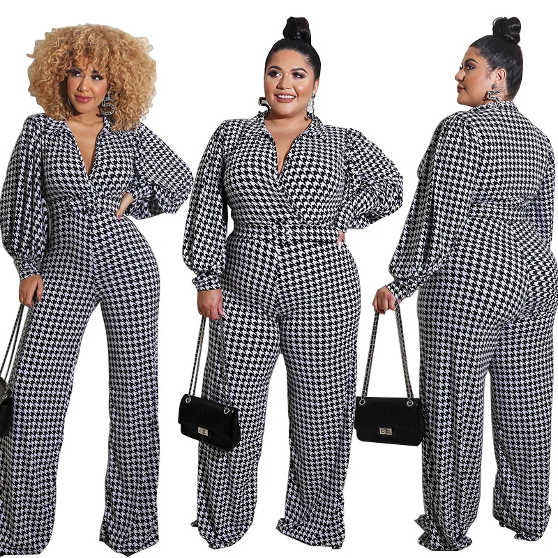 

Plus Size Jumpsuits Women Lapel One Piece Romper Elegant Bird Lattice Straight Trouser Jumpsuit With Sash Wholesale Dropshipping