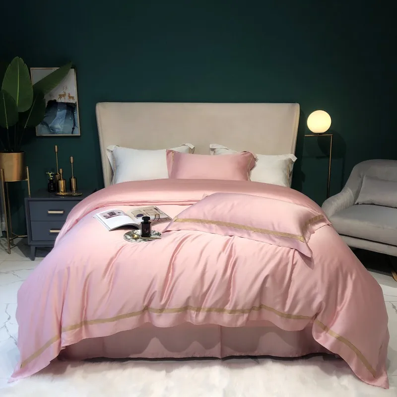 

Luxury Solid Color Bedding Set Tencel Duvet Cover Bed King Queen Twin Comforter Bed Pink Quilt Cover High Quality For Adults