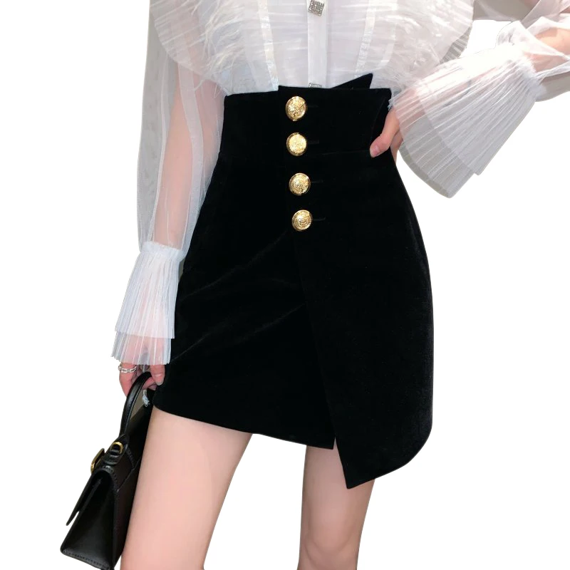 

Irregular skirt women's versatile 2020 new winter high waist black A-line short skirt shows thin and Hip Wrap Skirt