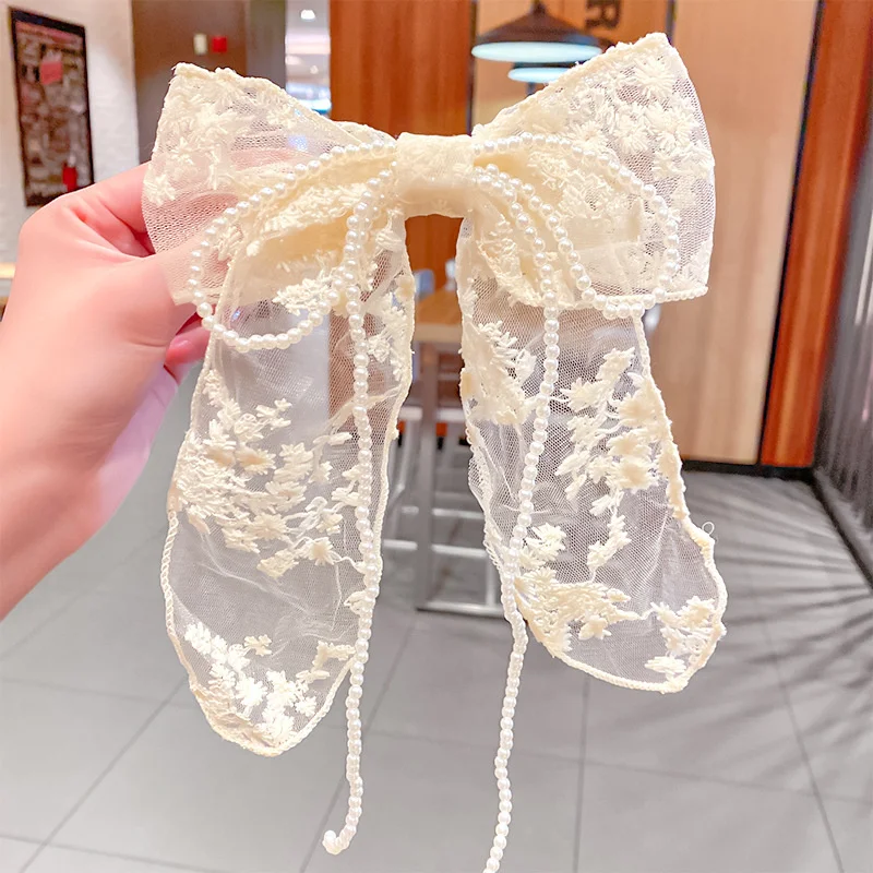 

Big Bow Imitation Pearl Chain Hairpins Hair Accessories For Women Fashion Elegant Embroidery Yarn Barrettes Girl Korean Headwear