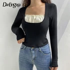 Повседневные облегающие черные футболки Darlingaga в стиле пэчворк с длинным рукавом Женские базовые Топы с бантом и рюшами футболки укороченная Осенняя футболка в Корейском стиле новинка