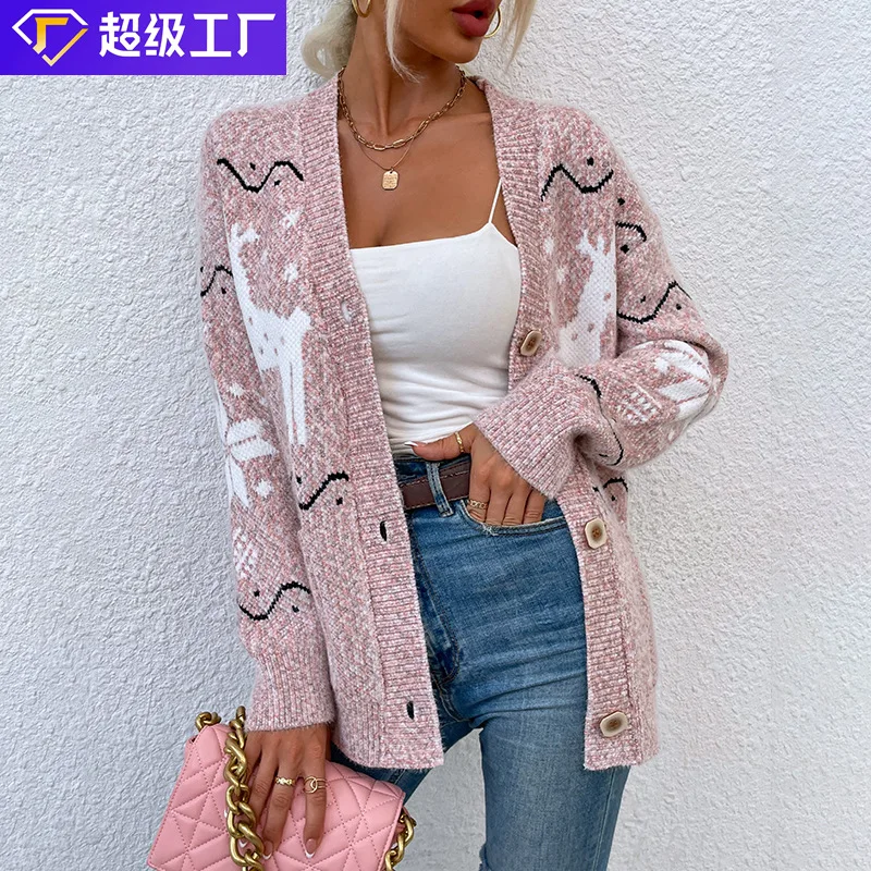 

2022 Knit single-breasted Christmas fawn cardigan sweater women fashion trend sexy blouse small coat can not afford the ball